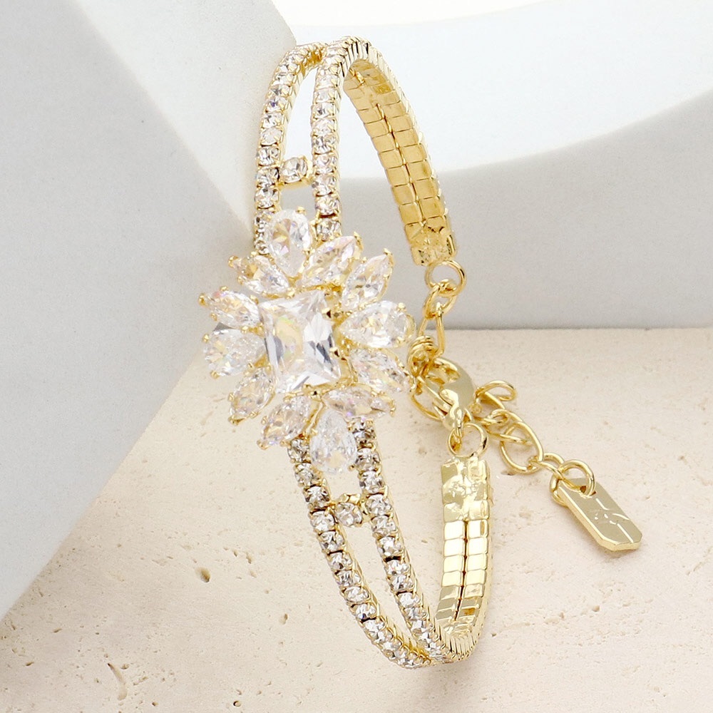 Gold CZ Stone Cluster Flower Pointed Evening Bracelet